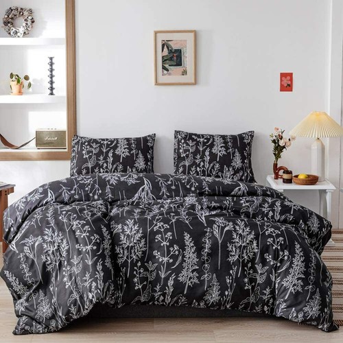 Black white floral leaves - white,